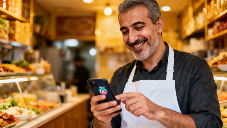 Gülümseyen restoran sahibi telefonuna bakıyor — qodla'dan gelen siparişi görüyor