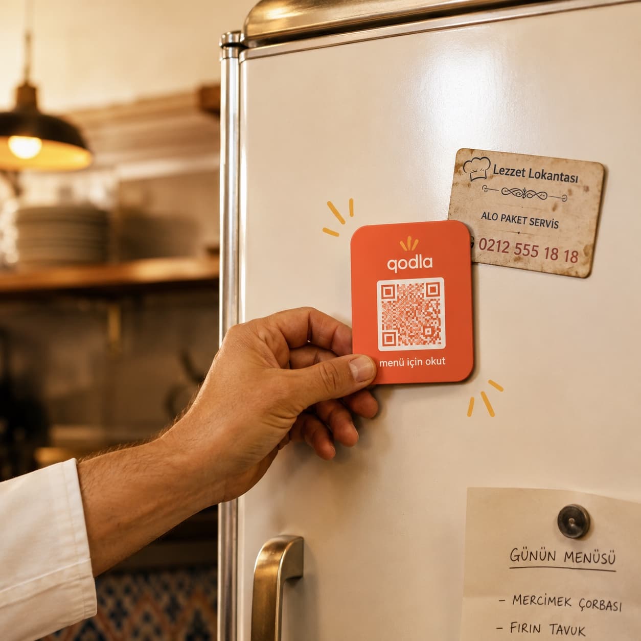 Buzdolabında qodla QR magneti — mahalle müşterisi tarıyor